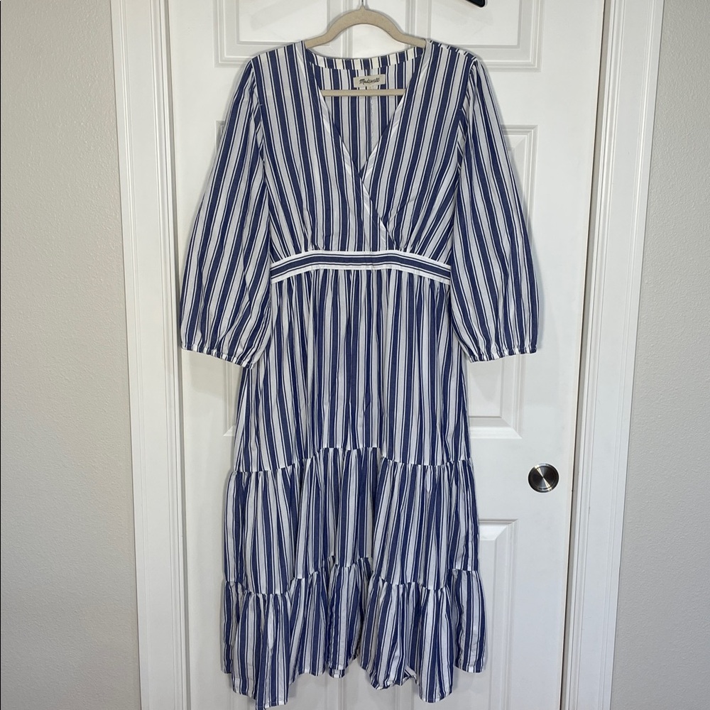 Madewell Midi Maxi Dress Size 14 Ava Blue White Striped Ruffle Tiered V Neck - Picture 5 of 16